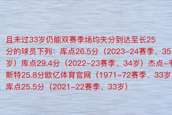 且未过33岁仍能双赛季场均失分到达至长25分的球员下列：库点26.5分（2023-24赛季、35岁）库点29.4分（2022-23赛季、34岁）杰点-韦斯特25.8分欧亿体育官网（1971-72赛季、33岁）库点25.5分（2021-22赛季、33岁）