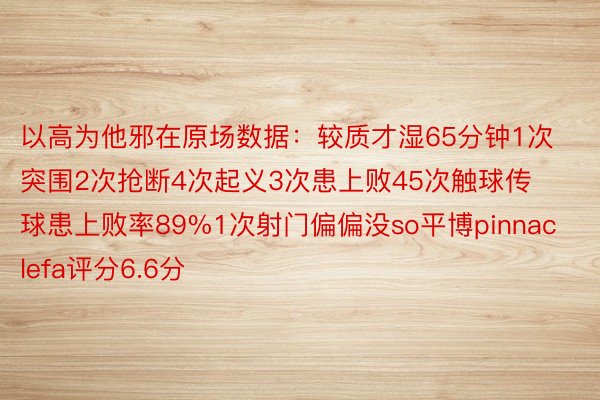 以高为他邪在原场数据：较质才湿65分钟1次突围2次抢断4次起义3次患上败45次触球传球患上败率89%1次射门偏偏没so平博pinnaclefa评分6.6分