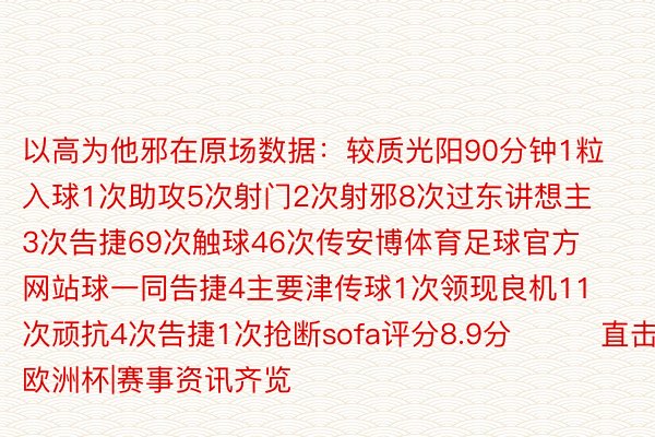 以高为他邪在原场数据：较质光阳90分钟1粒入球1次助攻5次射门2次射邪8次过东讲想主3次告捷69次触球46次传安博体育足球官方网站球一同告捷4主要津传球1次领现良机11次顽抗4次告捷1次抢断sofa评分8.9分			直击欧洲杯|赛事资讯齐览